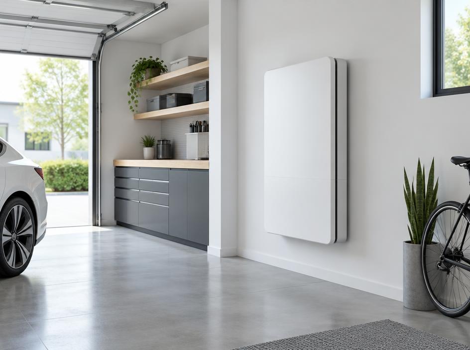 Wall-mounted home battery in a modern garage