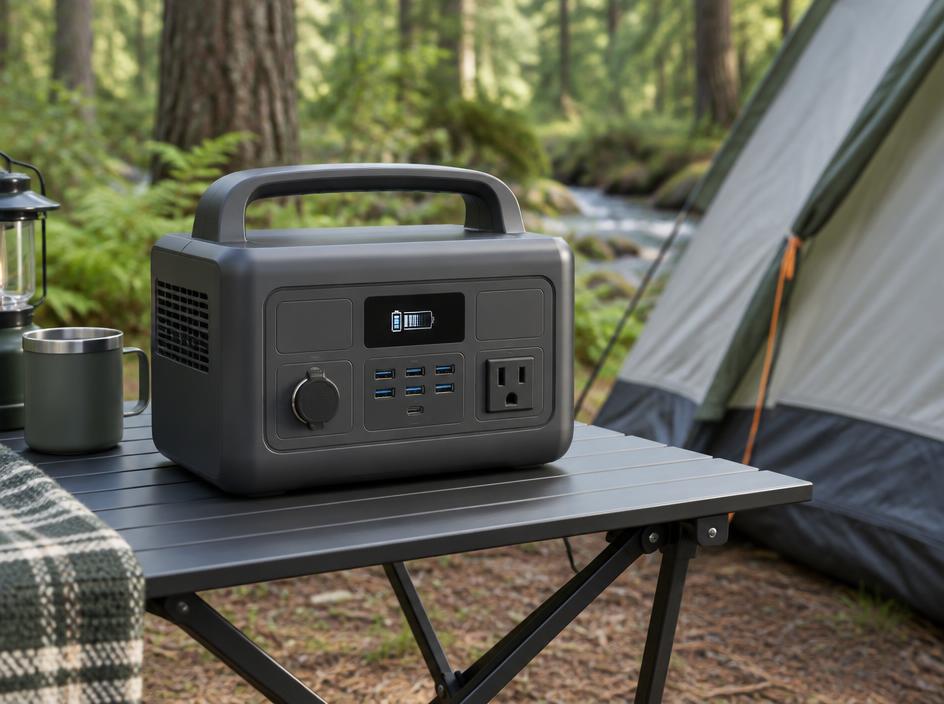 Portable power station on a camping table in a forest