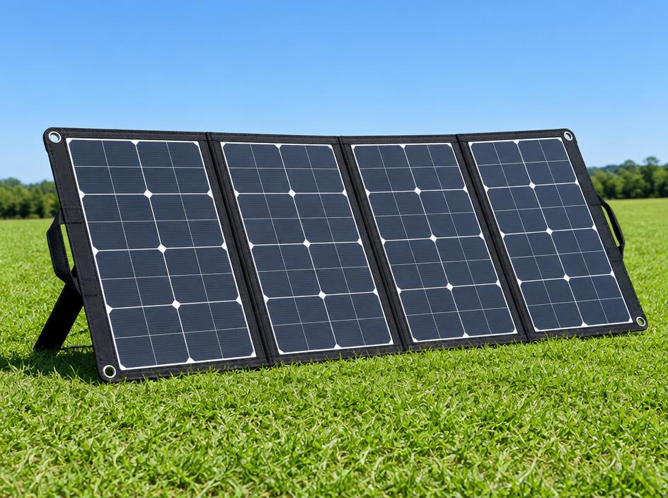Foldable solar panel standing on green grass